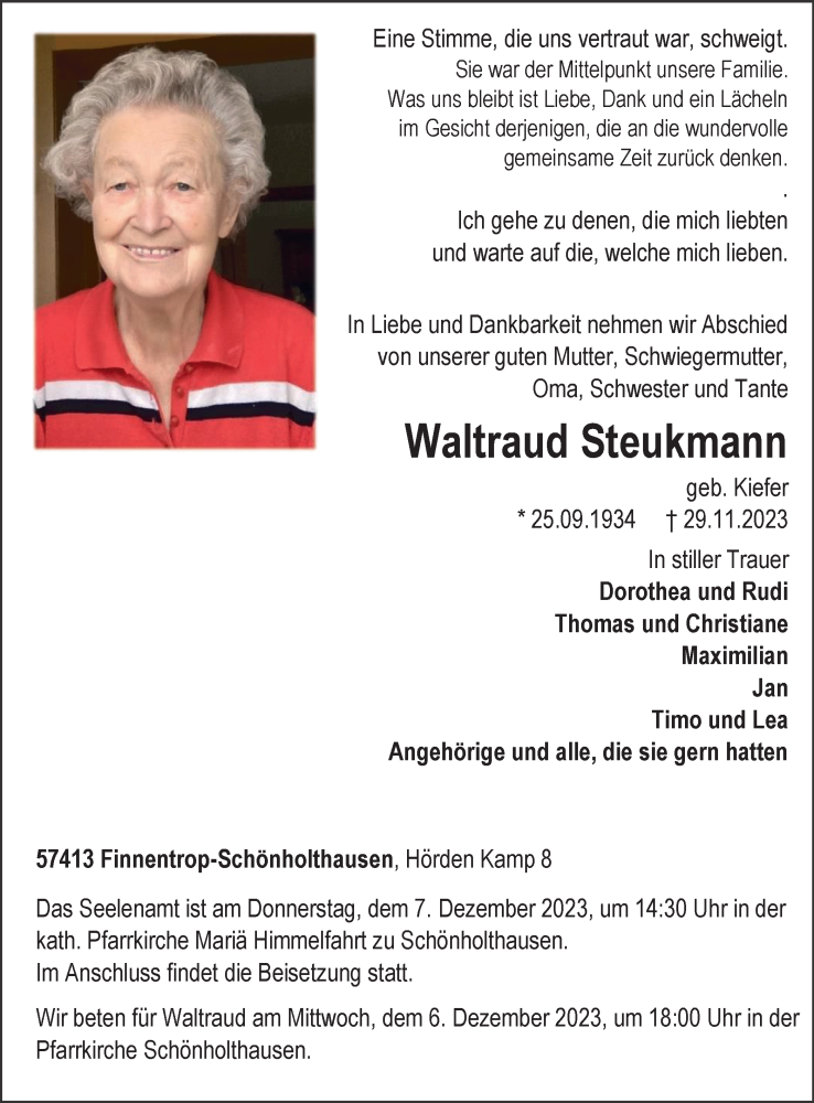  Traueranzeige für Waltraud Steukmann vom 04.12.2023 aus Tageszeitung