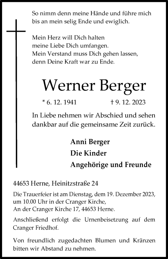 Traueranzeige von Werner Berger von Tageszeitung
