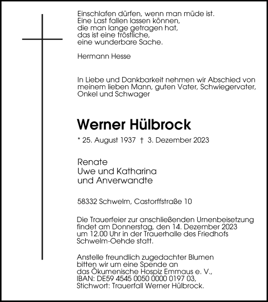 Traueranzeige von Werner Hülbrock von Tageszeitung