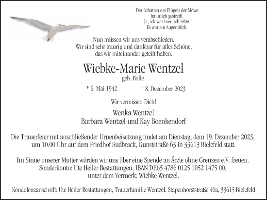 Traueranzeige von Wiebke-Marie Wentzel von Tageszeitung