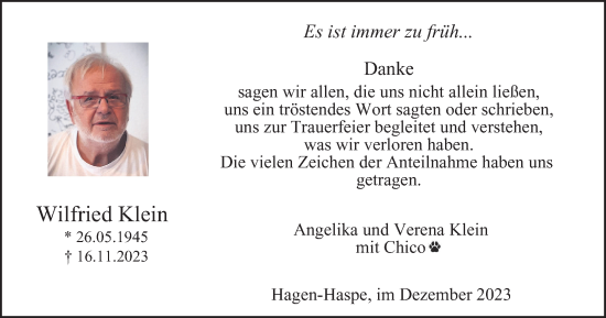 Traueranzeige von Wilfried Klein von Tageszeitung