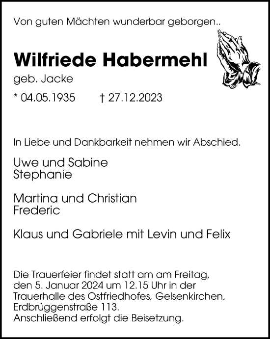 Traueranzeige von Wilfriede Habermehl von Tageszeitung