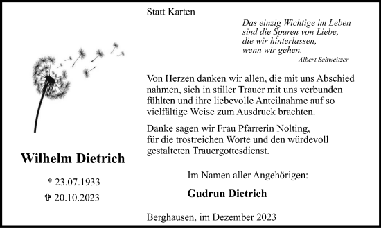 Traueranzeige von Wilhelm Dietrich von Tageszeitung