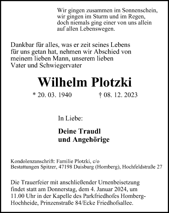 Traueranzeige von Wilhelm Plotzki von Tageszeitung