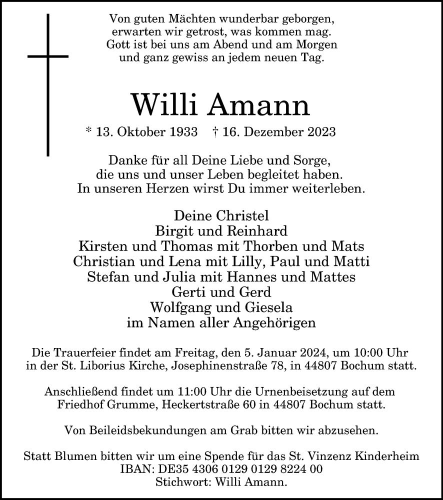 Traueranzeige für Willi Amann vom 23.12.2023 aus Tageszeitung