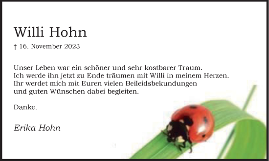 Traueranzeige von Willi Hohn von Tageszeitung