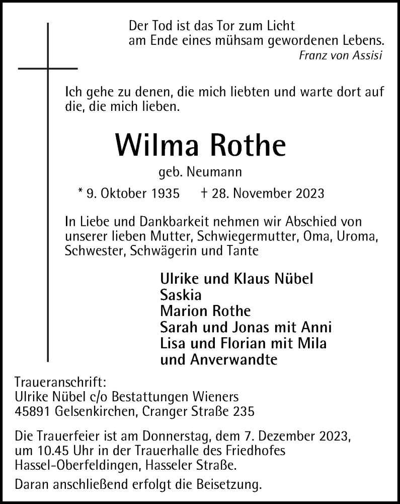  Traueranzeige für Wilma Rothe vom 02.12.2023 aus Tageszeitung
