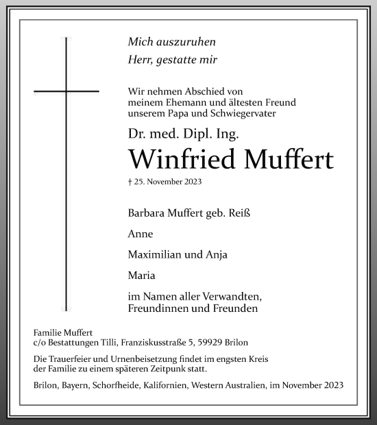 Traueranzeige von Winfried Muffert von Tageszeitung