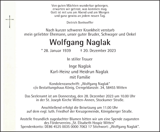 Traueranzeige von Wolfgang Naglak von Tageszeitung