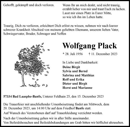 Traueranzeige von Wolfgang Plack von Tageszeitung