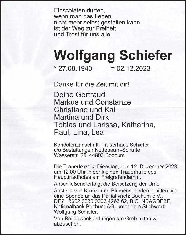  Traueranzeige für Wolfgang Schiefer vom 09.12.2023 aus Tageszeitung
