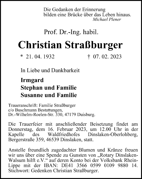 Traueranzeige von Christian Straßburger von Tageszeitung 