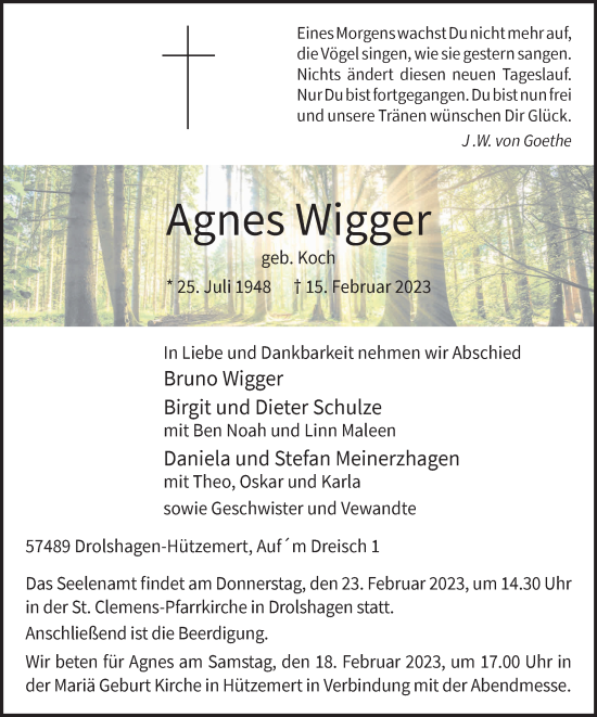 Traueranzeige von Agnes Wigger von Tageszeitung