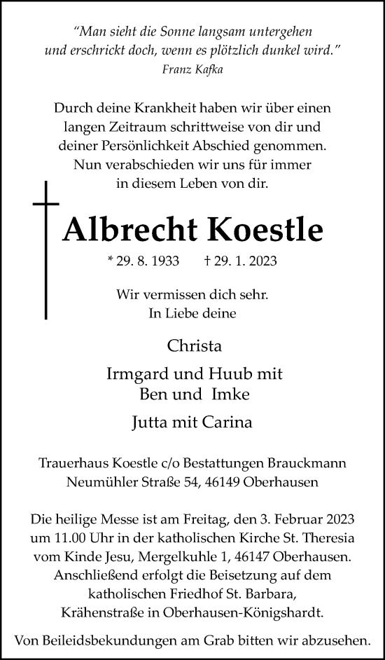 Traueranzeige von Albrecht Koestle von Tageszeitung