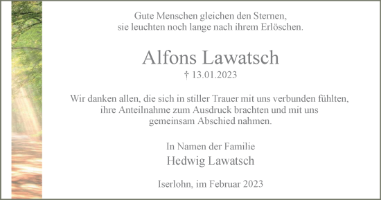 Traueranzeige von Alfons Lawatsch von Tageszeitung