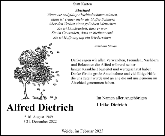 Traueranzeige von Alfred Dietrich von Tageszeitung