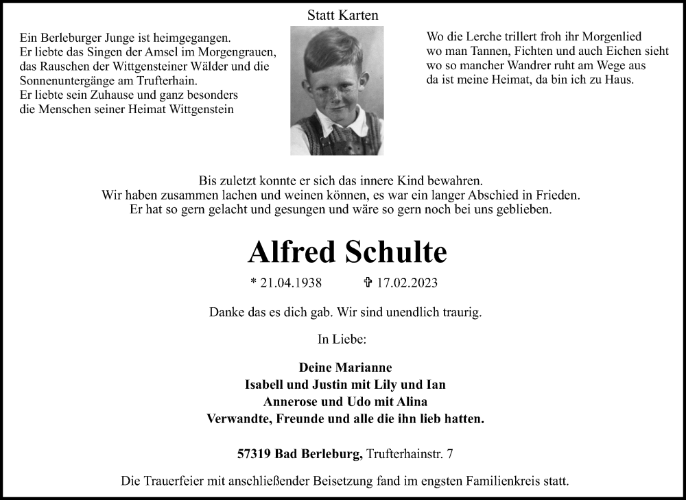  Traueranzeige für Alfred Schulte vom 24.02.2023 aus Tageszeitung