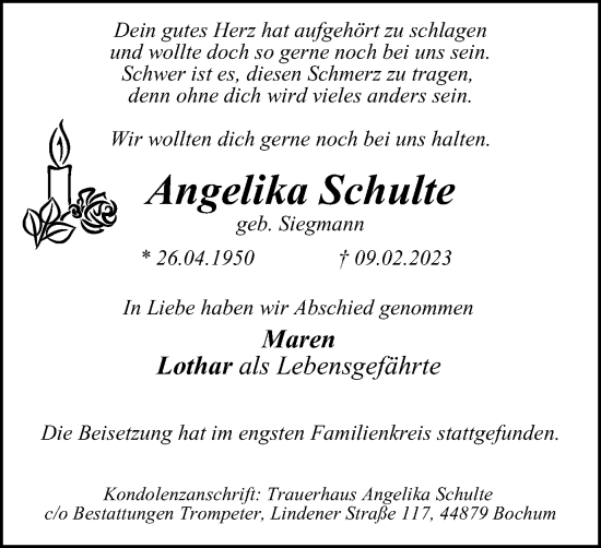 Traueranzeige von Angelika Schulte von WVW Anzeigenblätter