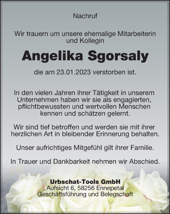 Traueranzeige von Angelika Sgorsaly von Tageszeitung