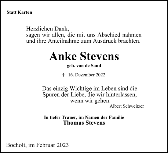 Traueranzeige von Anke Stevens von Tageszeitung