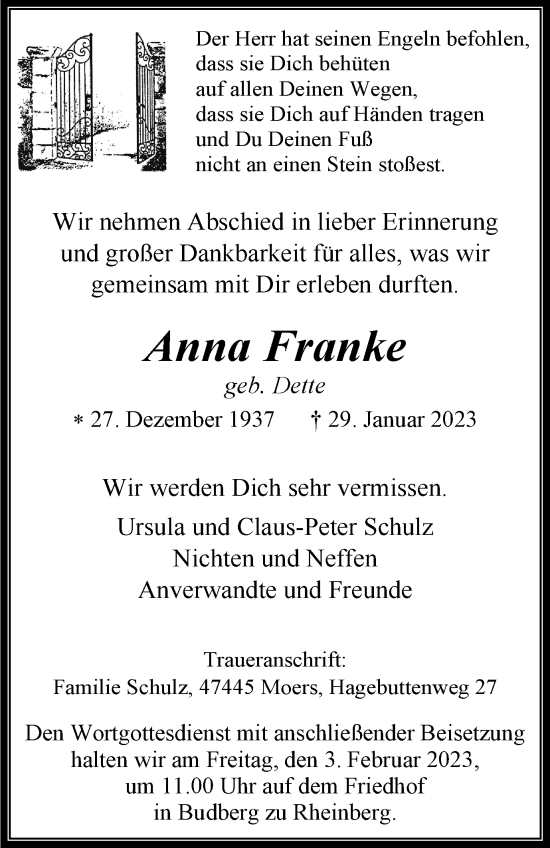 Traueranzeige von Anna Franke von Tageszeitung