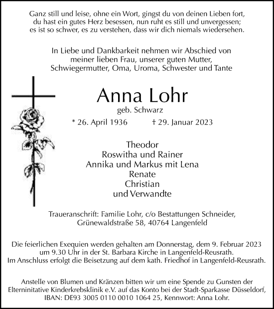 Traueranzeige von Anna Lohr von WVW Anzeigenblätter