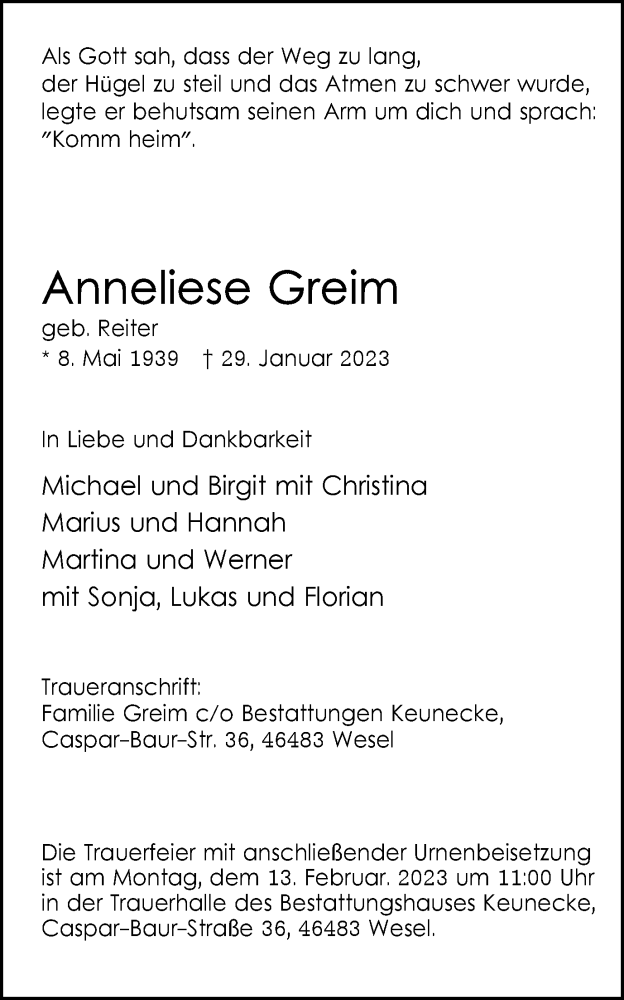  Traueranzeige für Anneliese Greim vom 04.02.2023 aus Tageszeitung
