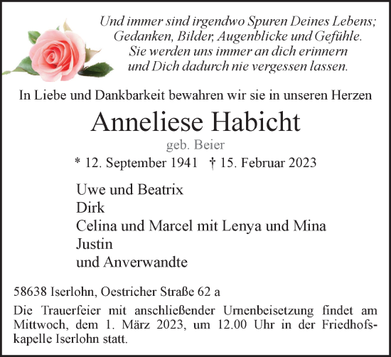 Traueranzeige von Anneliese Habicht von WVW Anzeigenblätter