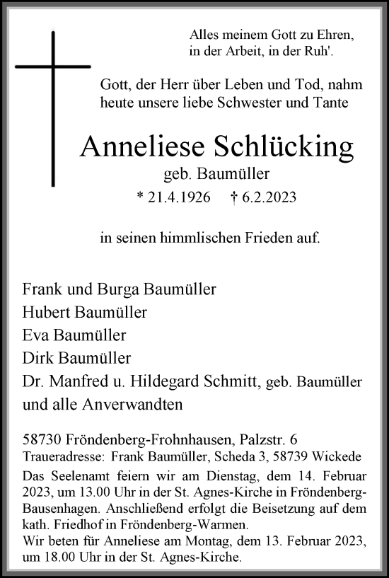 Traueranzeige von Anneliese Schlücking von WVW Anzeigenblätter