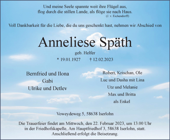 Traueranzeige von Anneliese Späth von Tageszeitung