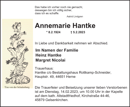 Traueranzeige von Annemarie Hantke von Tageszeitung
