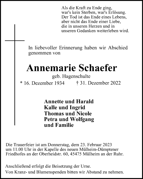 Traueranzeige von Annemarie Schaefer von Tageszeitung