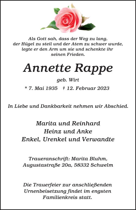 Traueranzeige von Annette Rappe von Tageszeitung