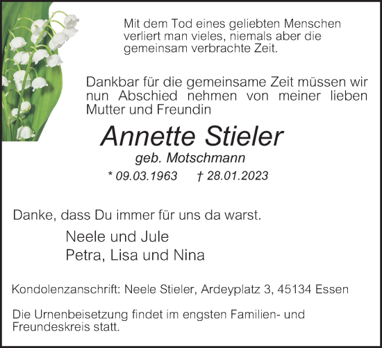 Traueranzeige von Annette Stieler von Tageszeitung