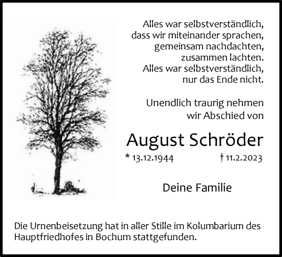 Traueranzeige von August Schröder von Tageszeitung