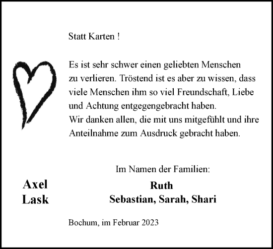 Traueranzeige von Axel Lask von Tageszeitung