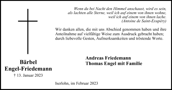 Traueranzeige von Bärbel Engel-Friedemann von Tageszeitung