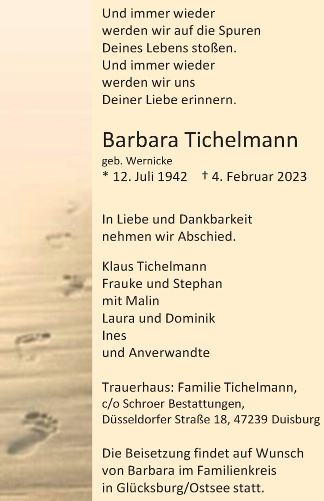  Traueranzeige für Barbara Tichelmann vom 18.02.2023 aus Tageszeitung