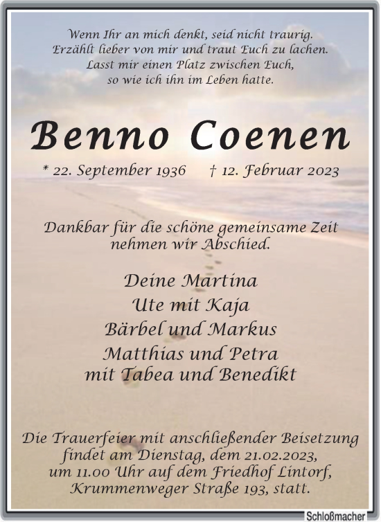 Traueranzeige von Benno Coenen von WVW Anzeigenblätter