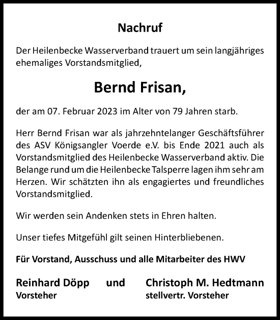 Traueranzeige von Bernd Frisan von Tageszeitung