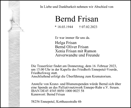 Traueranzeige von Bernd Frisan von Tageszeitung