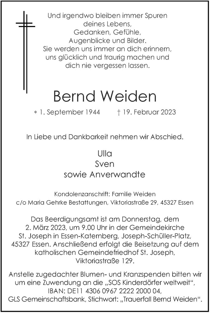 Traueranzeige für Bernd Weiden vom 25.02.2023 aus Tageszeitung