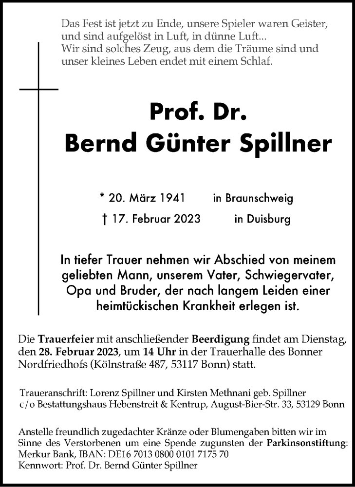  Traueranzeige für Bernd Günter Spillner vom 25.02.2023 aus Tageszeitung