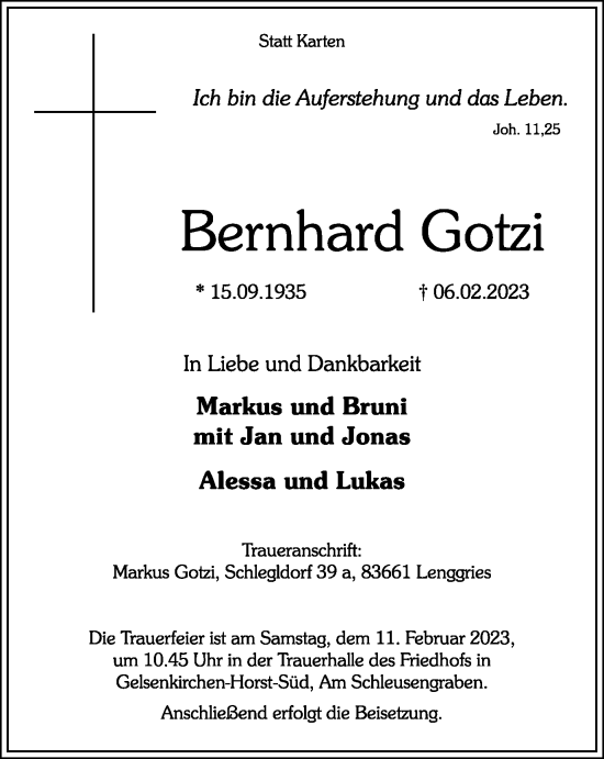Traueranzeige von Bernhard Gotzi von Tageszeitung