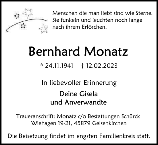 Traueranzeige von Bernhard Monatz von Tageszeitung