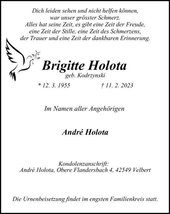 Traueranzeige von Brigitte Holota von WVW Anzeigenblätter