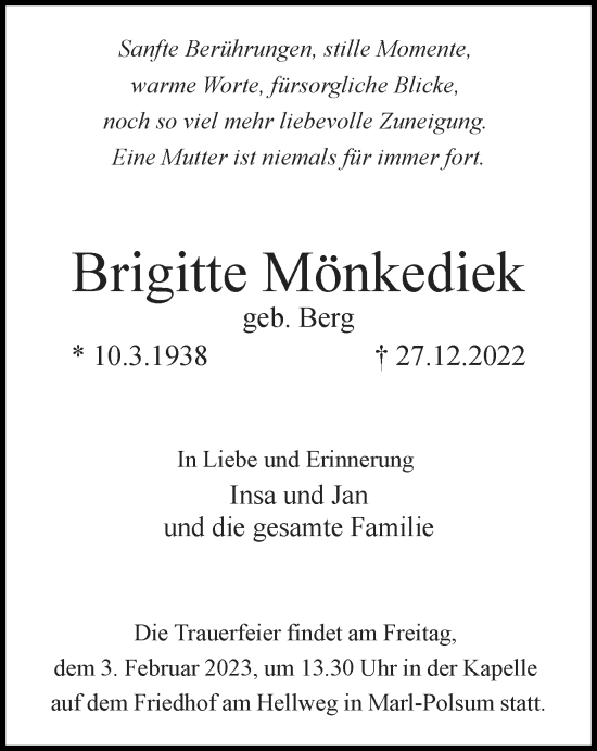 Traueranzeige von Brigitte Mönkediek von Tageszeitung