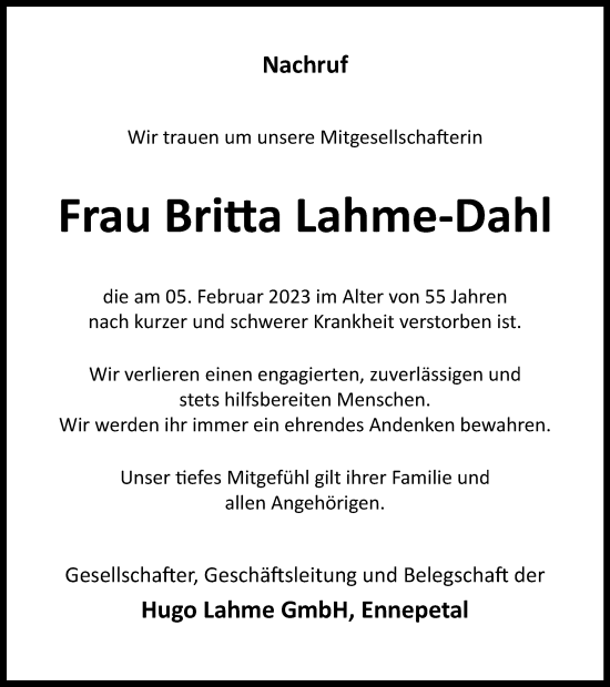 Traueranzeige von Britta Lahme-Dahl von Tageszeitung