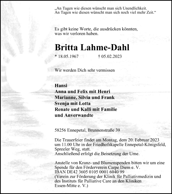Traueranzeige von Britta Lahme-Dahl von Tageszeitung