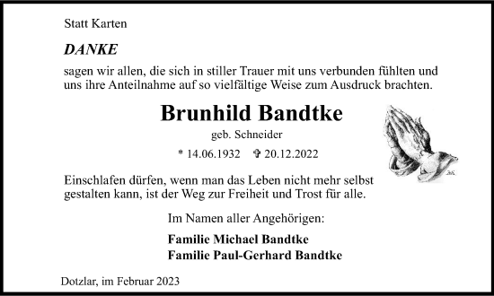 Traueranzeige von Brunhild Bandtke von Tageszeitung